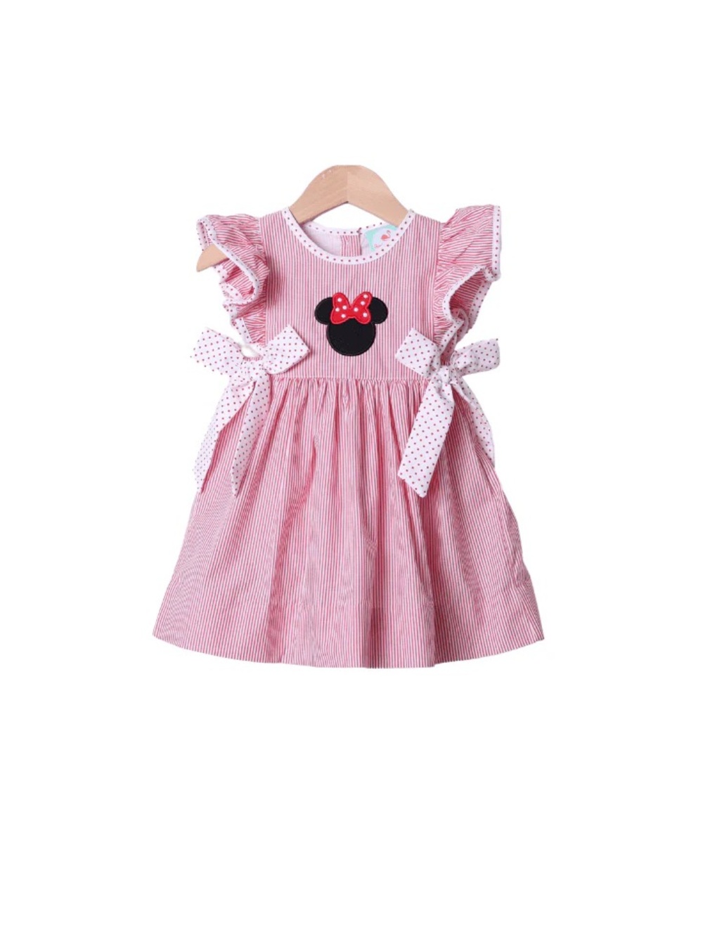 The Smocked Flamingo | Applique Mouse Red Stripe/Bitty Dot Dress | 18 months